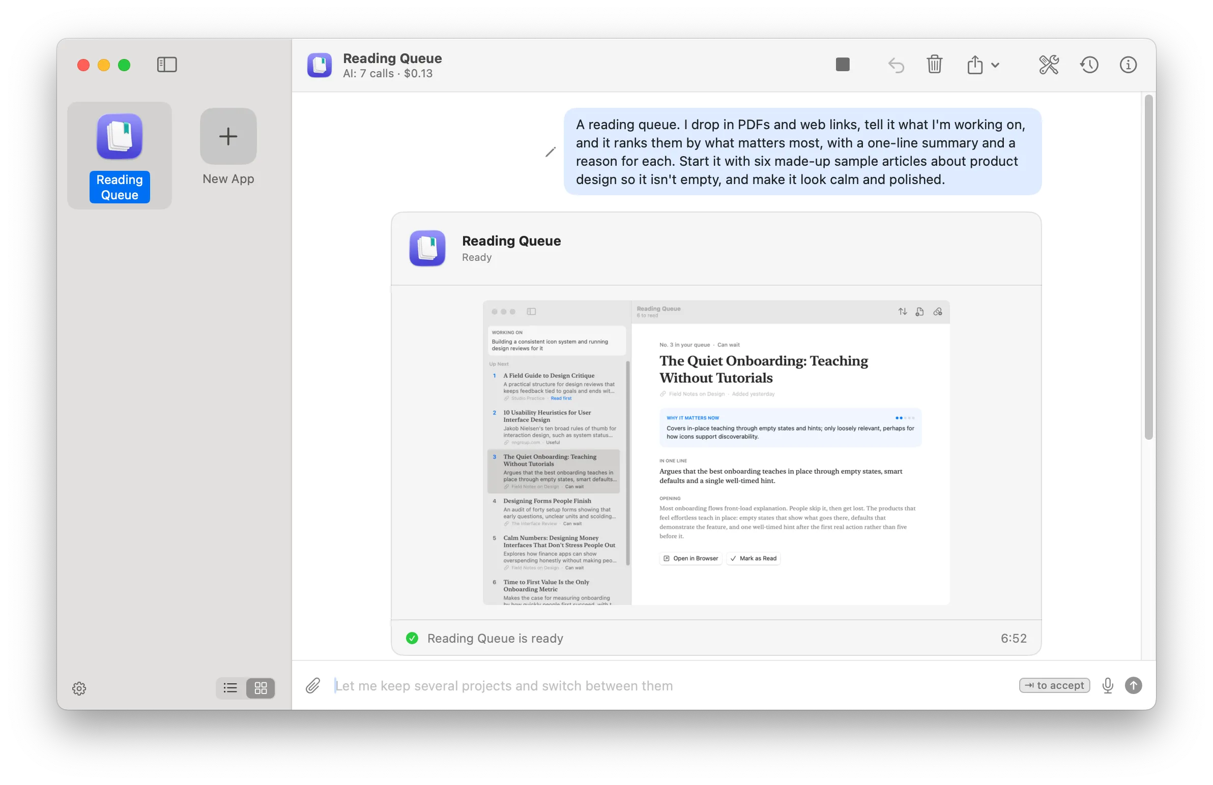 Lamp having just built a Reading Queue app: the request, the plan and a picture of the finished app