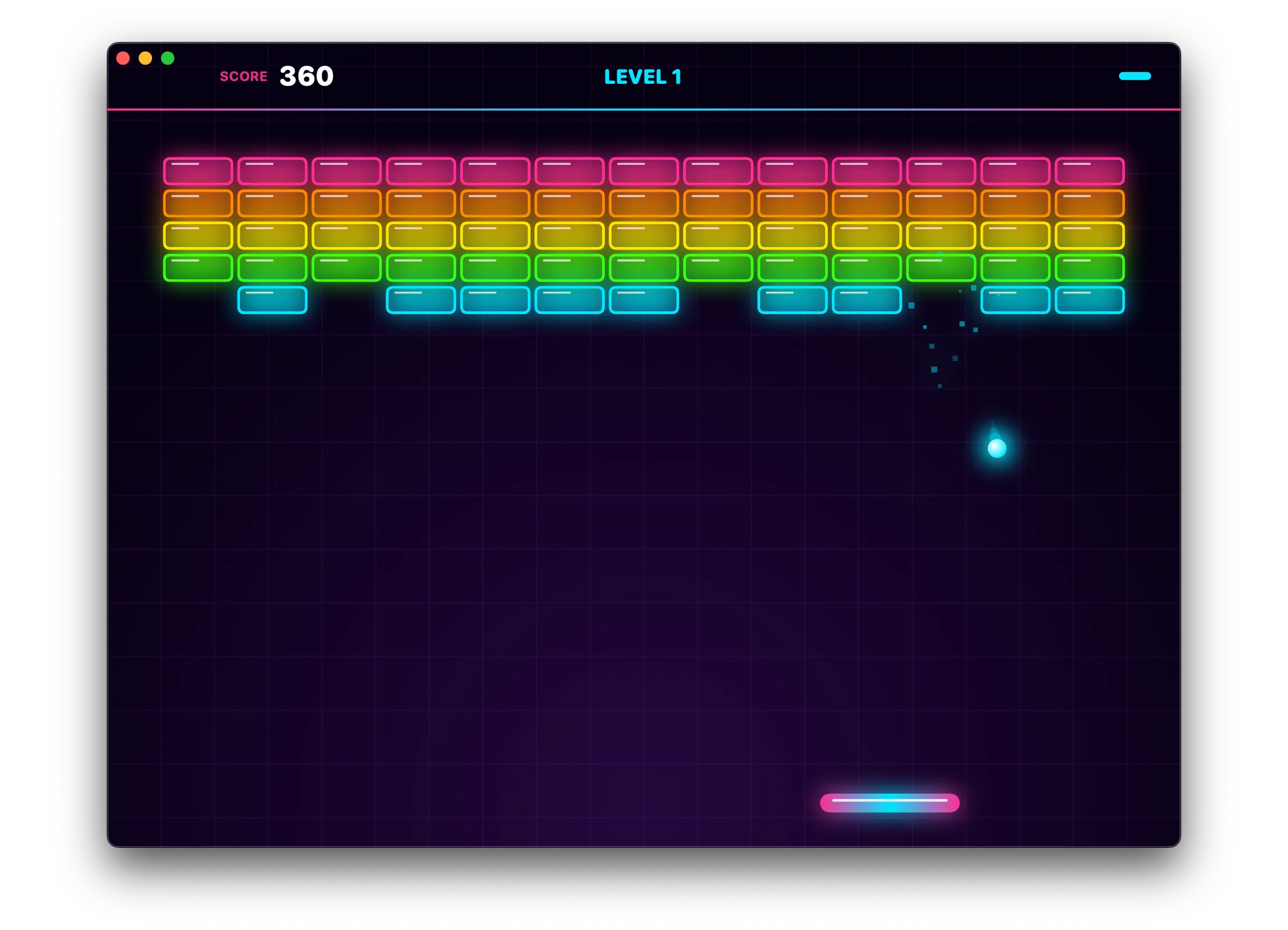 Neon Bricks: a glowing brick breaker game mid-play