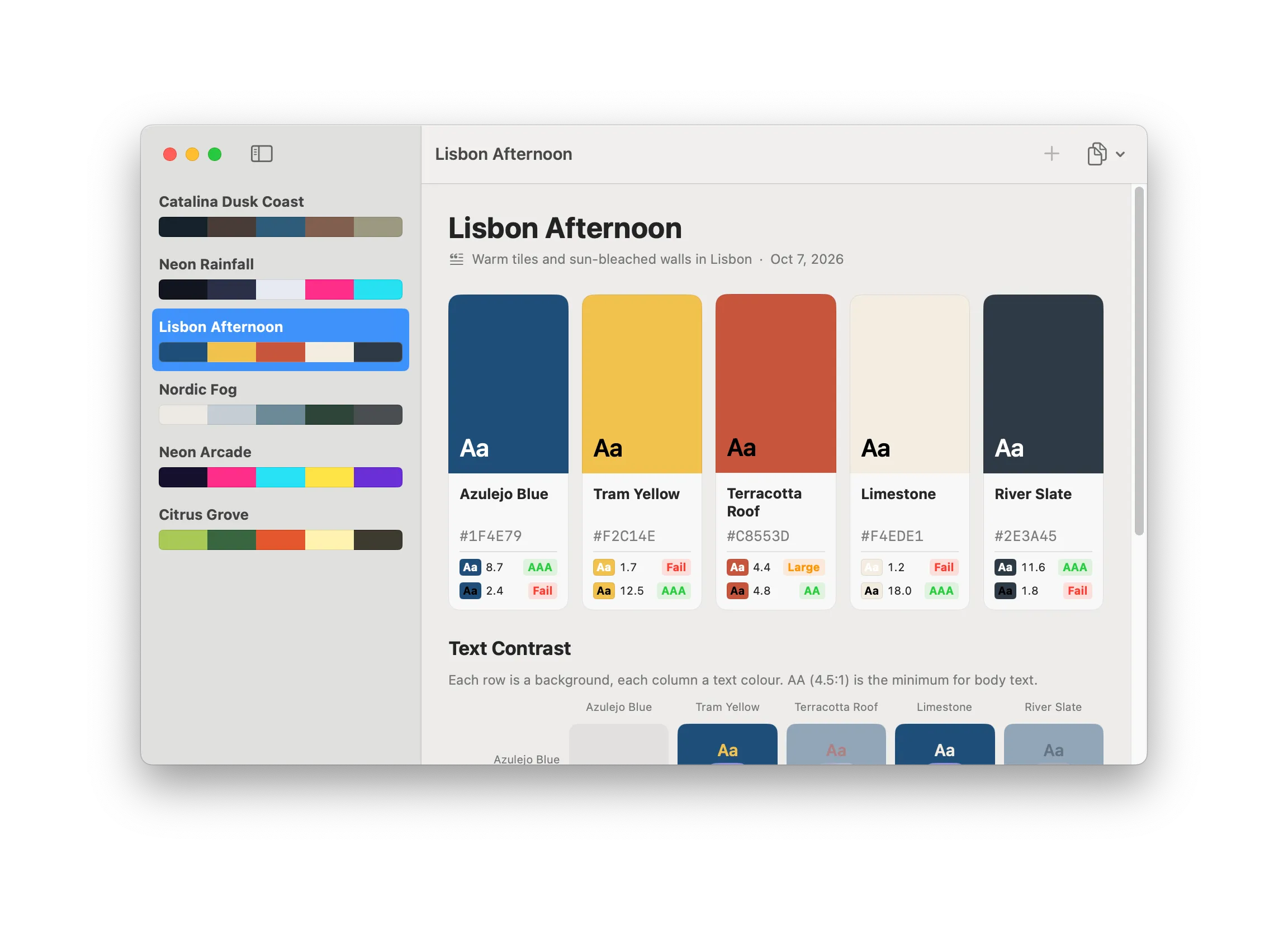 Palette Studio: a five-colour palette called Lisbon Afternoon with names, hex codes and contrast scores