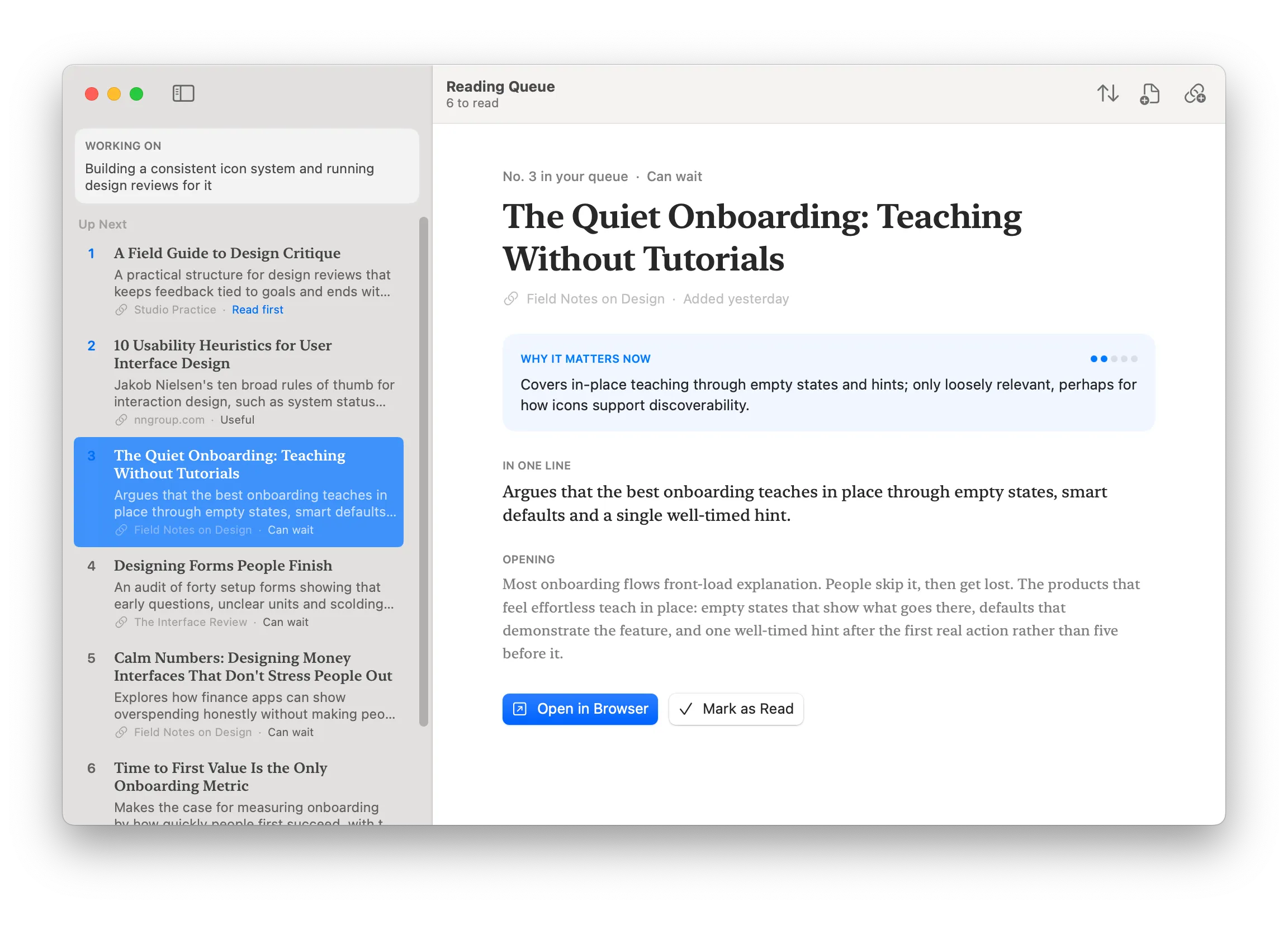 Reading Queue: articles ranked against what you're working on, with why each one matters